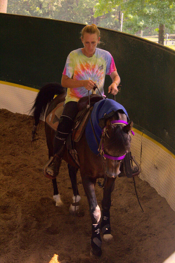 MIchelle riding Amaretto at Blue Moon Ranch summer of 2020